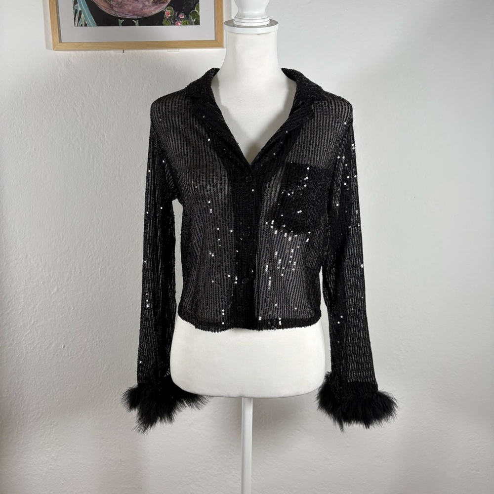 y2k sequined sheer blouse with fur cuffs